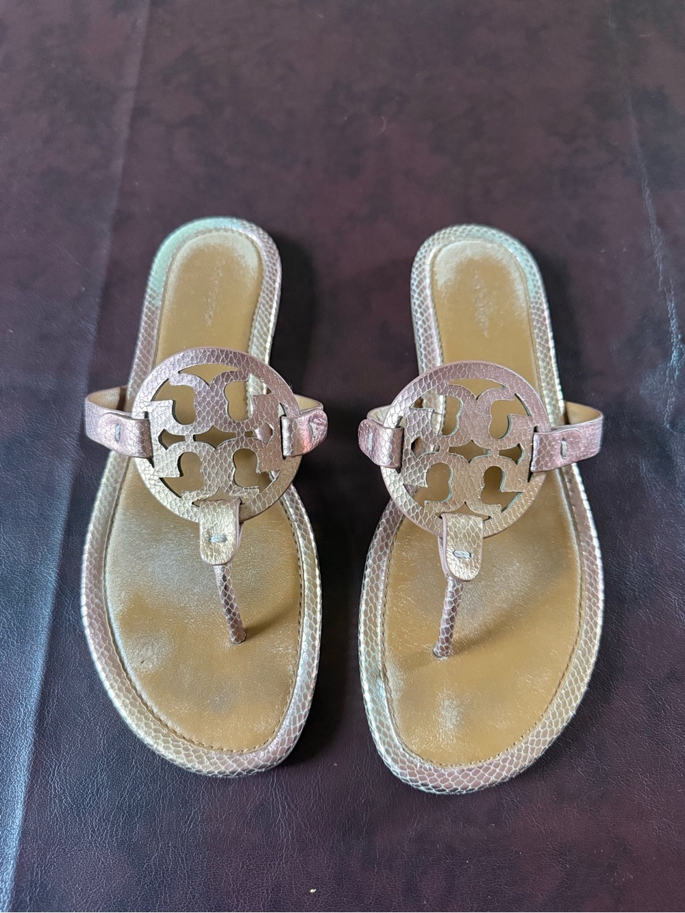 Tory Burch Metallic Brown Logo Thong Sandals